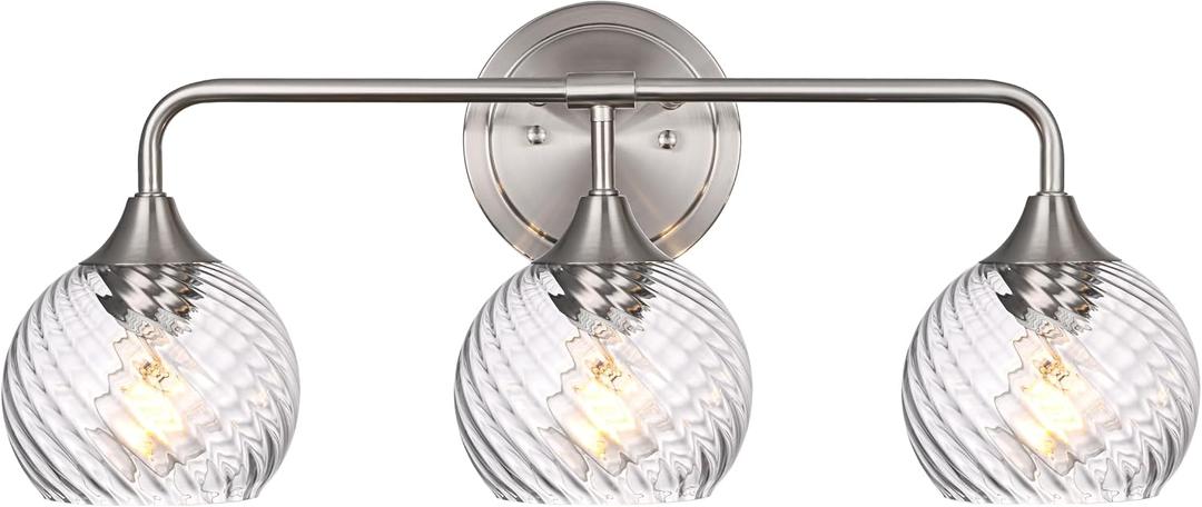 MELUCEE 3 Lights Modern Vanity Lights Over Mirror, Brushed Nickel Bathroom Lighting Fixtures with Clear Striped Swirl Glass Shade, Metal Wall Mount Lamp for Mirror, Bathroom Living Room Workshop