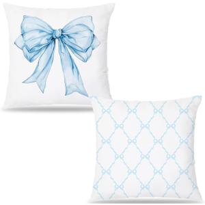 Blue Coquette Bow Pillow Covers 18x18, Coquette Room Decor,Coquette Stuff, Girly Bedroom Decor, Bow Room Decor,Set of 2