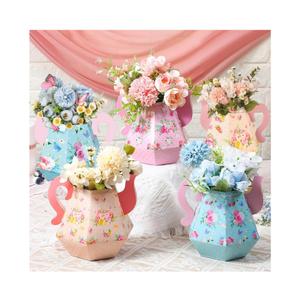 Fulmoon 9 Pcs Tea Party Decorations 6.7'' Flower Box Table Paper Teapot Princess Centerpiece Vase Table Decor Wonderland Fancy Party Decor for Floral Tea Birthday Baby Shower Wedding (Cute)