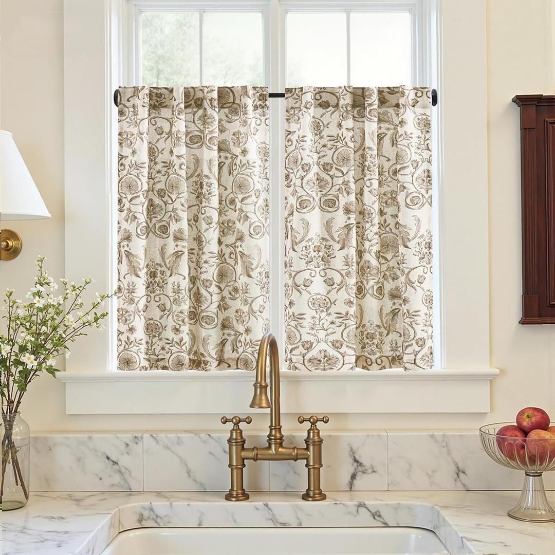 jinchan Small Window Curtains 36 Inch Linen Floral Curtain Set for Kitchen Bathroom Cafe Curtains Light Filtering Window Treatment Farmhouse Cottagecore Back Tab Drapes 2 Panels Taupe on Beige