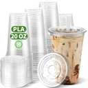 PLA 20 OZ Compostable Clear Plastic Disposable Iced Coffee Cups with Flat Lids, Biodegradable Cold Drinking To Go Coffee Cups for Party, Smoothie, Boba Tea, Slushy, Milkshake 50 Sets
