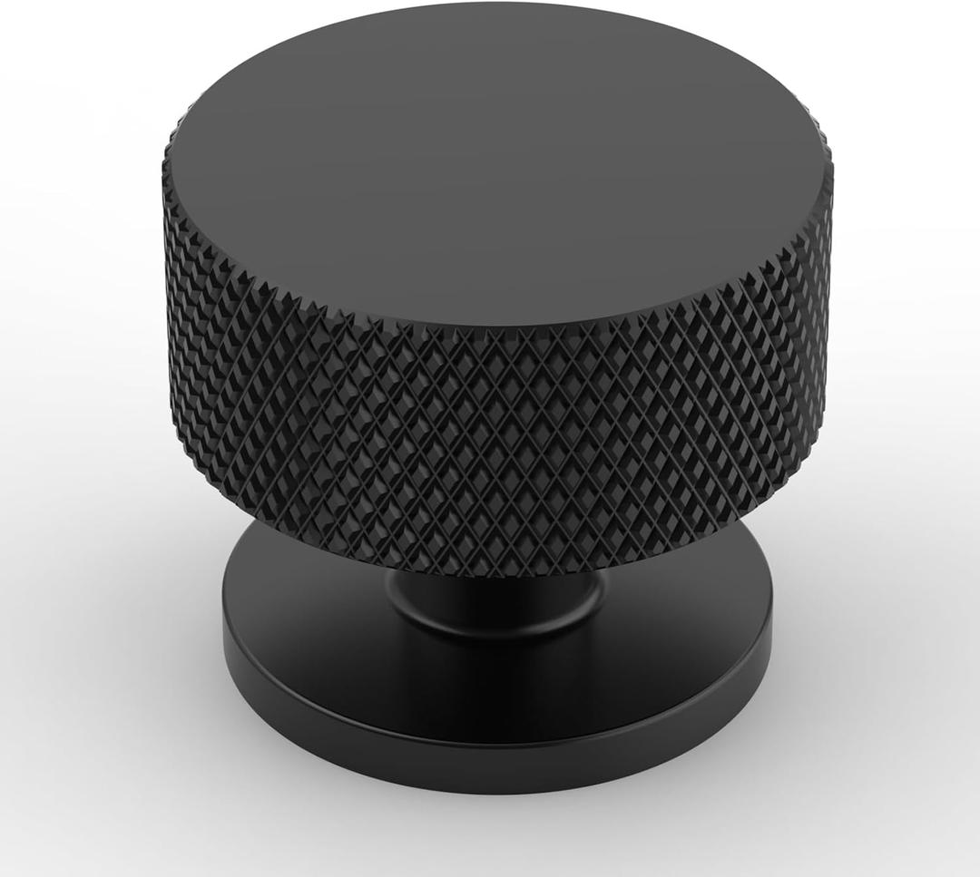 Amerdeco 10 Pack Matte Black Knurled Cabinet Knobs Single Hole 1.2 Inch Diameter Round Drawer Knobs for Bathroom Cabinets K0017