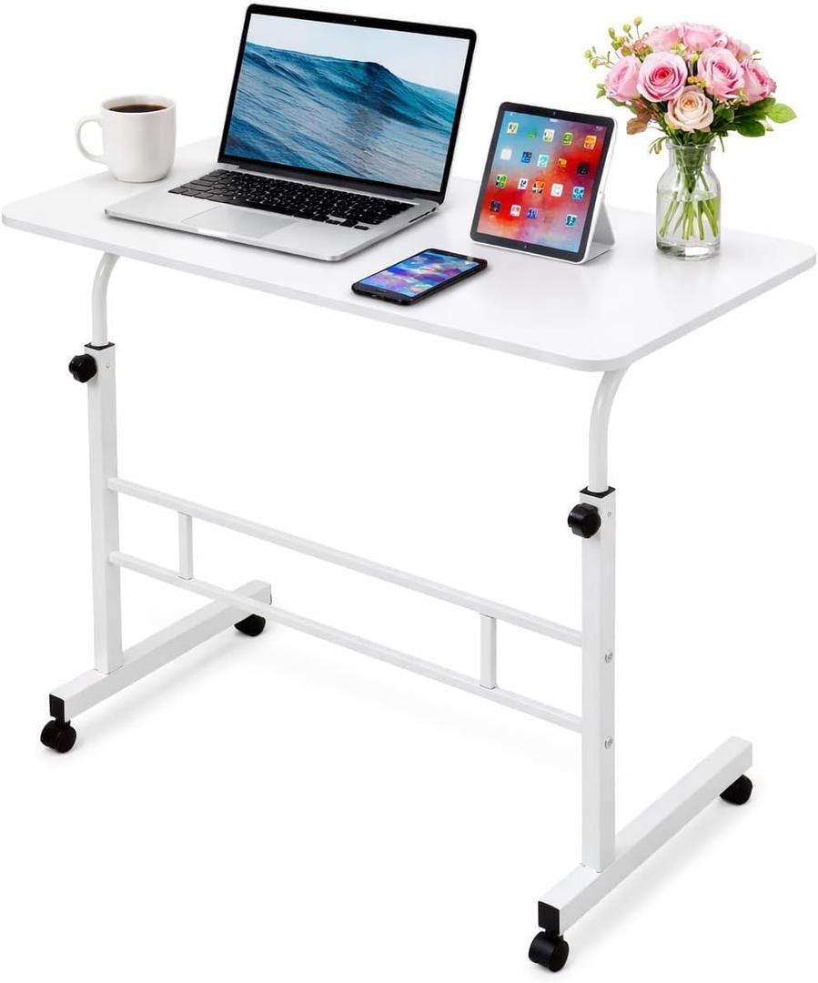 Mobile Standing Desk Adjustable Height for Laptop – Small Rolling Desk & Portable Table on Wheels – Small Standing Table with Wheels for Home Office (White), 17.71 inches x 25.59 inches x 2.36 inches