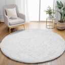 White Round Rug for Bedroom, 5x5 Fluffy Circle Area Rugs for Kids Room, Soft Shaggy Circular Carpet for Nursery Living Room, Non-Slip Home Decor Rug for Teen's Room