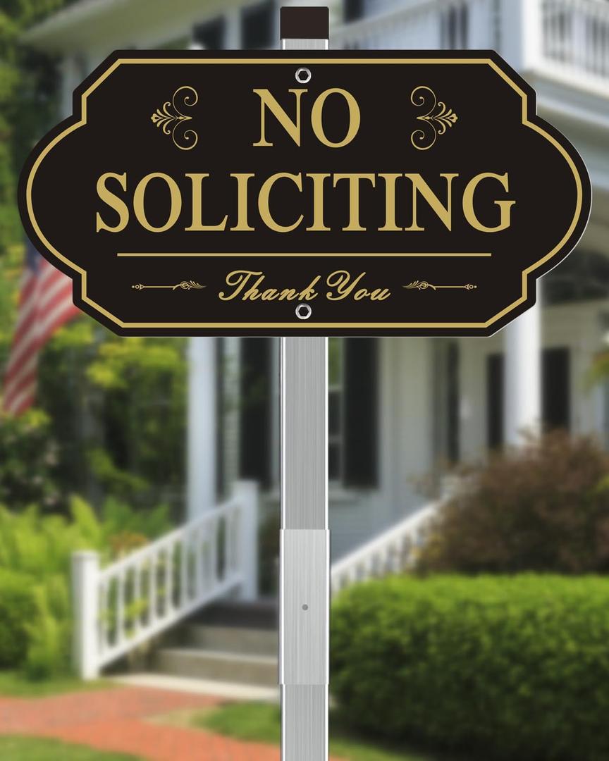 Heavy Duty No Soliciting Sign for House - All Metal Construction No Soliciting Yard Sign - 14" x 7" - Aluminum - with 28" Stake (Gold)