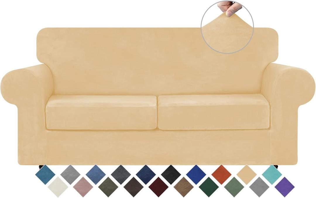 WEERRW Velvet Couch Covers for 2 Cushion Couch Sofa - High Stretch Luxury Velvet Plush 3 Pieces Sofa Slipcovers with Elastic Bottom, Furniture Protector for Pets, Machine Washable, Champagne, Medium