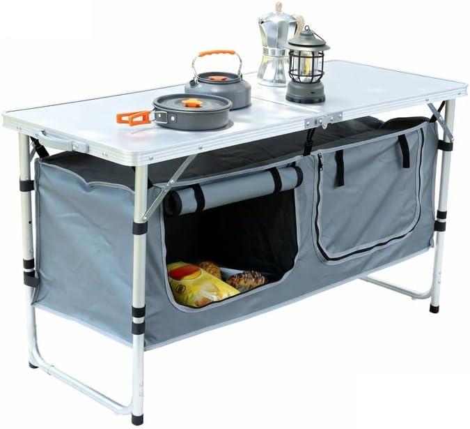 JOUYEK Camping Table, Folding Camping Table with Storage, Portable Kitchen Table, Lightweight, 3 Heights Adjustable Camping Furniture for BBQ, Picnic, Camping, Hiking, Beach, and Indoor