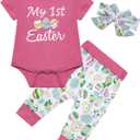 Easter Baby Girls' Eggs Outfit Set Romper Cute Pants with Headband (Yellow)