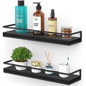Meangood Floating Shelves Wall Mounted Set of 2, Rustic Wood Wall Storage Shelves for Bedroom,Living Room,Bathroom, Kitchen (Black)