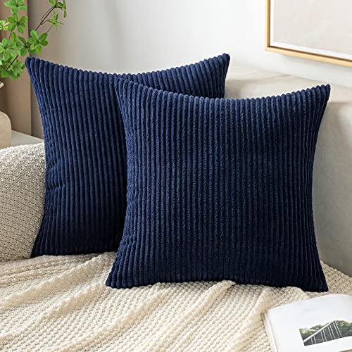 EMEMA Pack of 2 Corduroy Soft Soild Decorative Square Throw Pillow Covers Cushion Cases Spring Pillowcases for Couch Sofa Bedroom Car 14x14 Inch Navy Blue