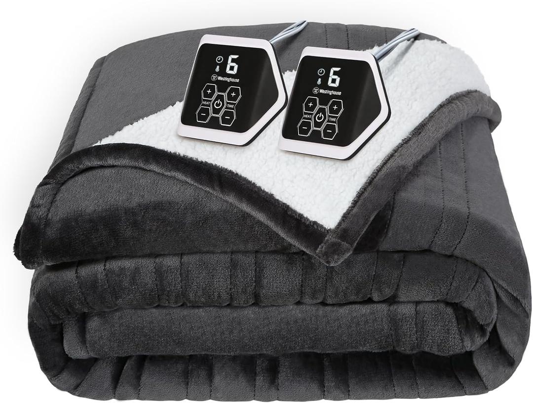 Westinghouse Heated Blanket King Size, Soft Flannel to Sherpa Electric Blanket with 10 Heating Levels, 1-12 Hours Auto Shut Off, Fast Heating, Machine Washable, 100x90 Inch, Charcoal