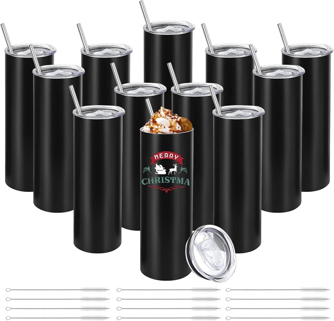 YOUKE OLA 12 Pack Stainless Steel Skinny Tumblers Bulk Straight Double Wall Insulated Tumbler with Lid and Straw for, DIY, Black, 20oz