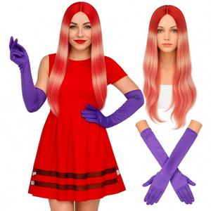 Fish Wigs Halloween Fish Costume Anime Character Cosplay 26 Inches Rose Red Gradient Long Wavy Wig Purple Gloves for Halloween Dress up Party Accessories