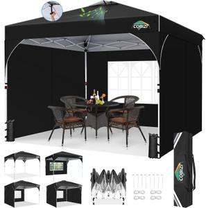 COBIZI 10x10 Pop Up Canopy Tent with 3 Removable Sidewalls & Air Vent | Waterproof Instant Setup 90s, Commercial-Grade Gazebo Tent for Camping/BBQ/Events | Includes Sandbags, Stakes & Ropes (Black)