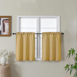 Gwine Gold Short Curtains 2 Panels Set, Light Filtering Faux Linen Textured Small Kitchen Curtains Over Sink, Rod Pocket Tier Curtain for Bathroom Basement RV Camper, Each 30" Wx24 L, 2PCS