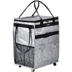Reusable Grocery Bag On Wheels Large Capacity Shopping Trolley Foldable Rolling Tote with Outside Pocket, Heavy Duty Handle (Silver, Medium)