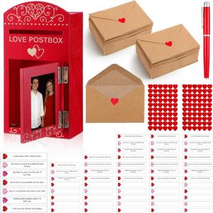 124 Pcs Valentine Love Postbox for Kids Classroom Wooden with Mini Love Notes and Envelopes Heart Stickers Red Pen Valentines Letter Long Distance Relationship Mailbox Gift for Couple Him Her
