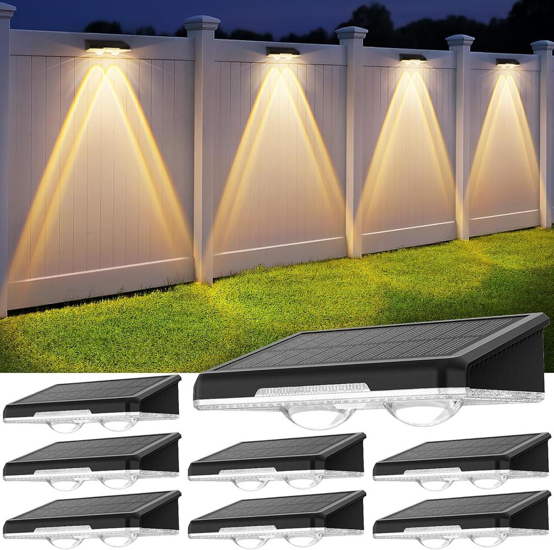 Solar Fence Lights Outdoor 8 Pack - 3 Modes (Warm/Neutral/Cool White), Fence Lights Solar Powered for Outside, IP65 Waterproof, Auto ON/Off Deck Lighting for Wall, Step, Patio, Pathway, Stairs (3000K/4500K/6500K)
