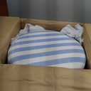 Tov Furniture Dex Pastel Blue Striped Linen Round Ottoman with Wooden Base