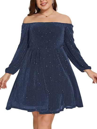 Plus Size Mesh Cocktail Evening Party Dress for Women V Neck Long Sheer Sleeve Midi Formal Dresses, Navy Blue Glitter 18Plus