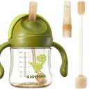 Joypony Baby Sippy Cups 6-12 Months, Spill Proof Weighted Straw Cup with Handle for Toddlers 1-3, 2 Silicone Straws, PPSU, BPA Free, 6 oz (Green)