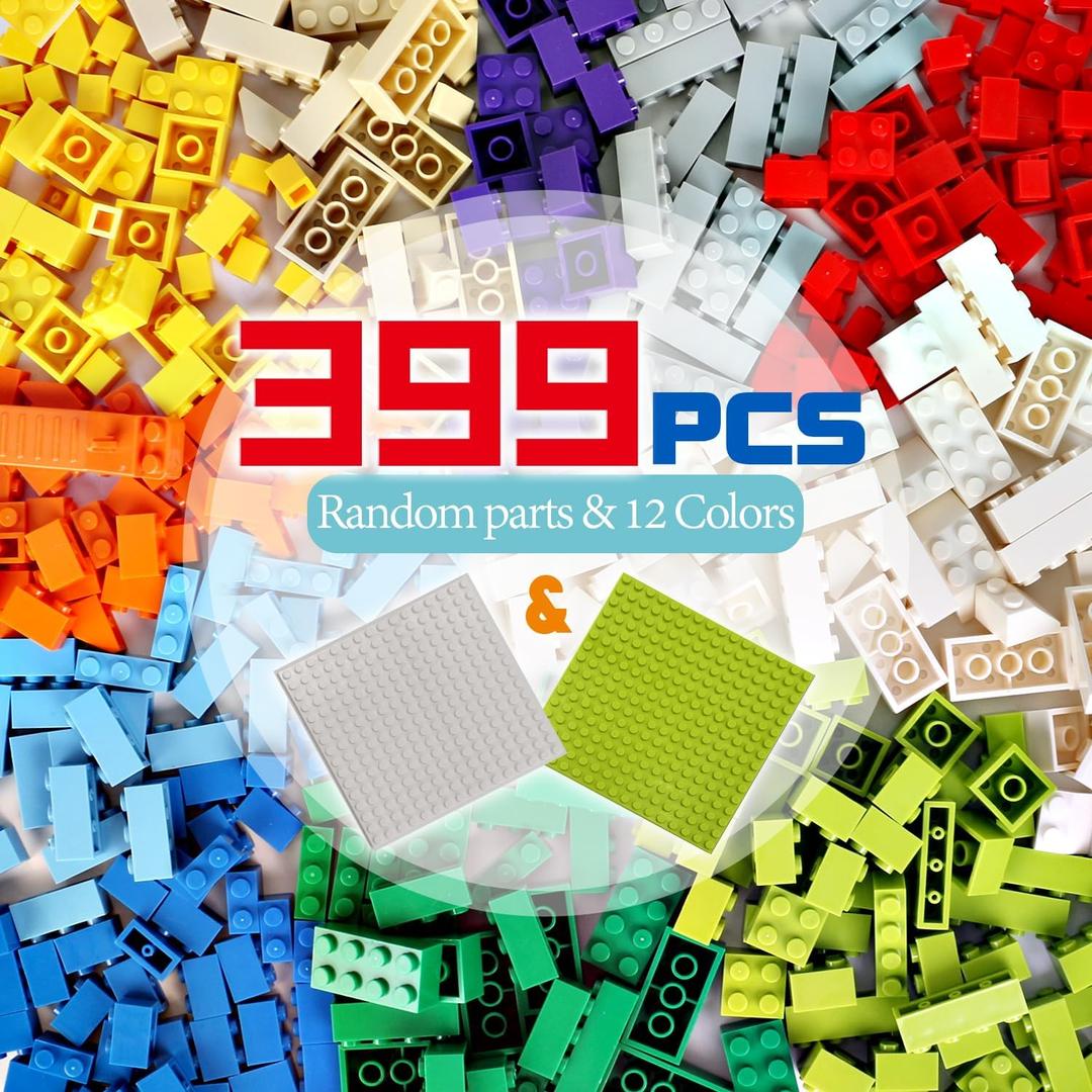Classic Building Bricks 399 Pieces High Bulk Building Blocks & 2 PCS of Base Plate, Building Blocks Box Set Compatible with Lego Classic