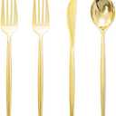 Rubtlamp 90Pcs Gold Plastic Silverware, Gold Disposable Utensils, Plastic Cutlery Include 30 Plastic Knives, 60 Forks and Spoons, Fancy Plastic Silverware Heavy Duty for Party, Wedding