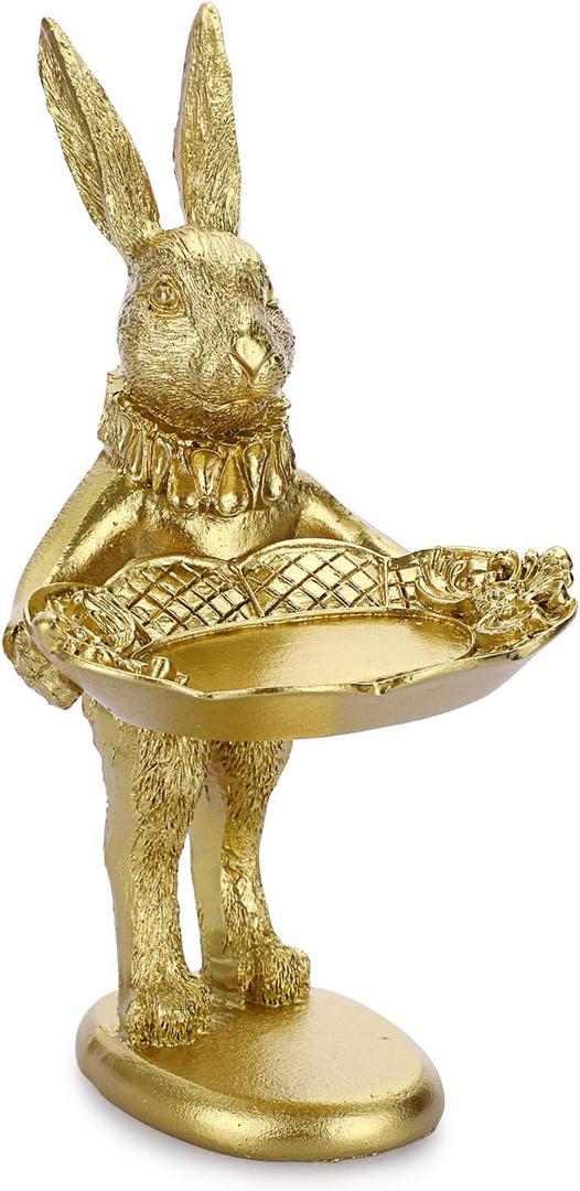 ELLDOO Small Golden Bunny Figurine Jewelry Ring Tray Decorative Serving Rabbit Statue Ornament Animal Sculpture Home Arts Desktop Accessories Table Decor, Standing Bunny