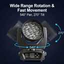JCYWFLODY 19x15W Moving Head Light for Stage Lighting Effect, RGBW 4-in-1 LED Stage Light with Zoom Beam Wash, Auto DMX Control DJ Lights for Parties Wedding Disco Music Nightclub Show Bar, 1 Pack