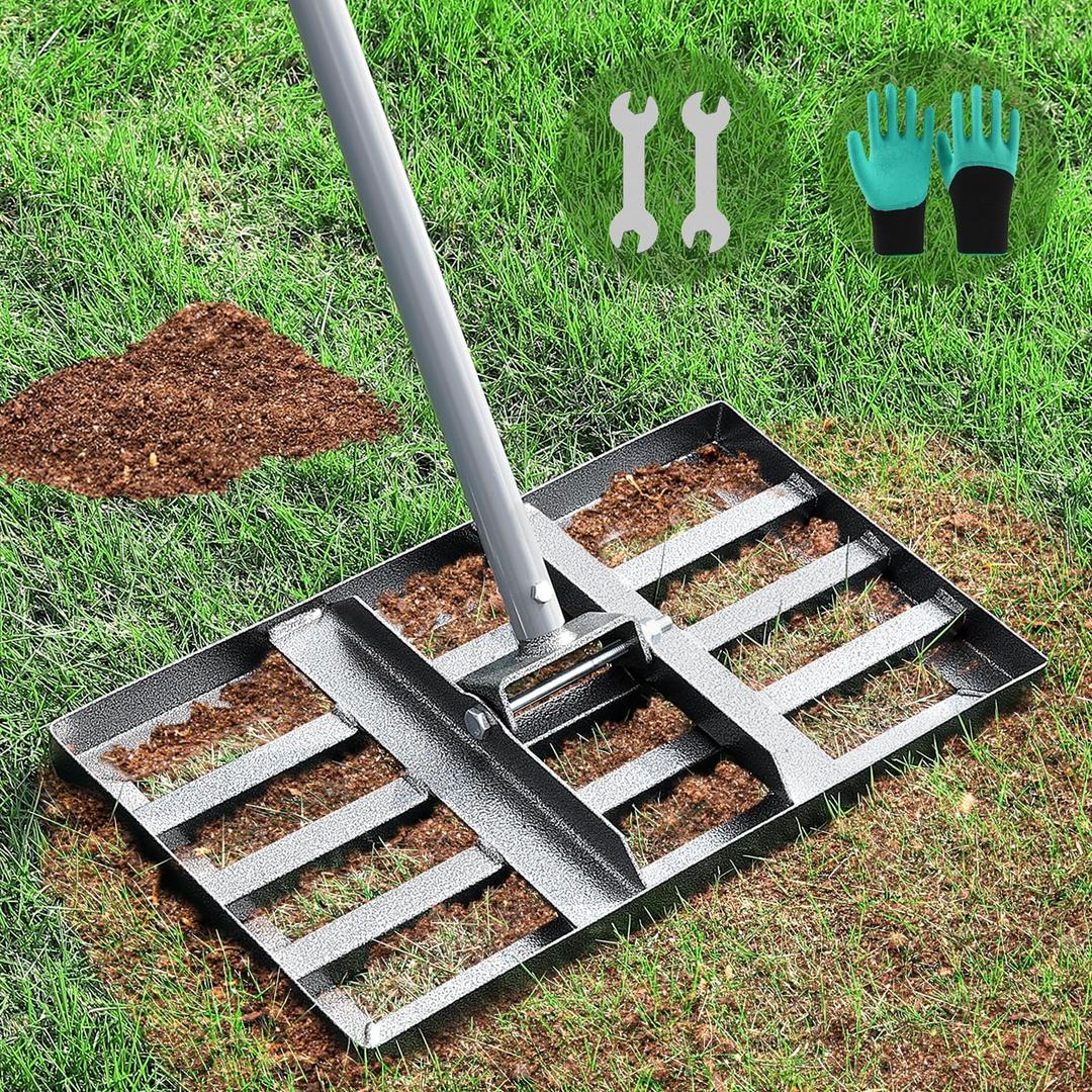 Lawn Leveling Rake, Lawn Leveler with Stainless Steel Long Handle, Heavy Duty Yard Level Tool for Leveling Soil, Sand Or Dirt Surfaces, Gardening Gloves Gift Included (17x10in)