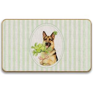 St. Patrick's Day German Shepherd Doormat, Irish Shamrock German Shepherd Dog Door Mat for Inside Outside Entrance Porch, Green Striped Clover Dog Welcome Mats, 17x30 Inches