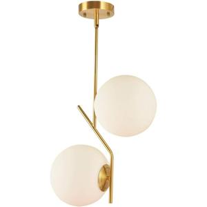 2 Lights Modern Globe Chandelier Mid Century Pendant Light Large 7.87 White Globe Glass Shade Hanging Light Fixture for Dining Kitchen Island Bedroom (Gold)