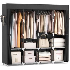 VTRIN Portable Closet for Hanging Clothes 67 Inch Wide Large Capacity Portable Wardrobe Closet with Cover, 4 Storage Shelves and 4 Hanging Rod Sturdy Free Standing Closet for Bedroom, Black