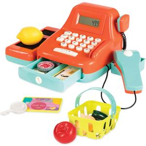 Battat - Interactive Kids Cash Register with Scanner & Sounds - 26-Piece Pretend Play Shopping Set with Light-Up Scanner, Play Money & Card - Educational Toy for Learning & Fun - Ages 3+