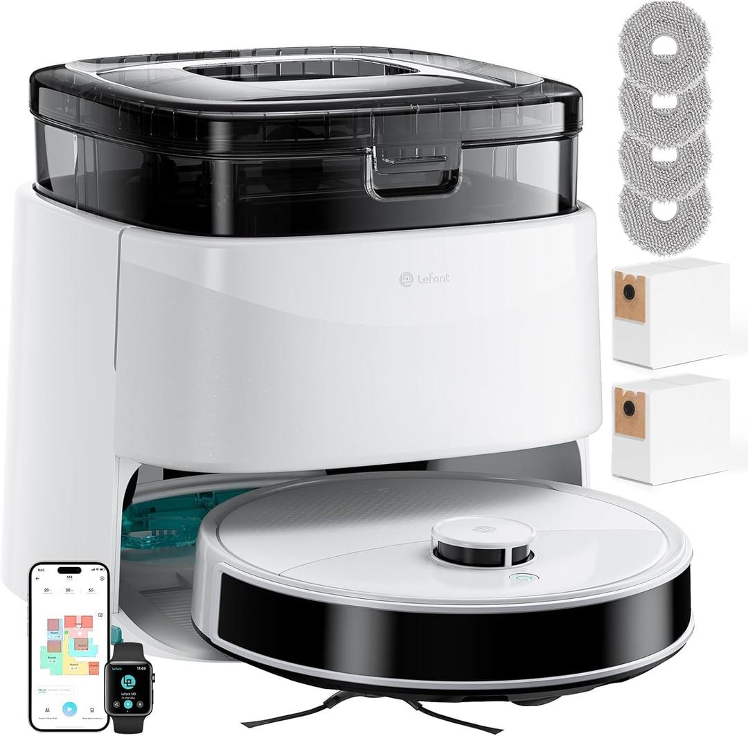 Lefant Robot Vacuum and Mop, 15000Pa Suction, 90-Day Self-Emptying, Auto Mop Washing&Drying, Obstacle Avoidance, All-in-One for Pet Hair Carpet, 5G WiFi Alexa/APP/iWatch Control, M3 White