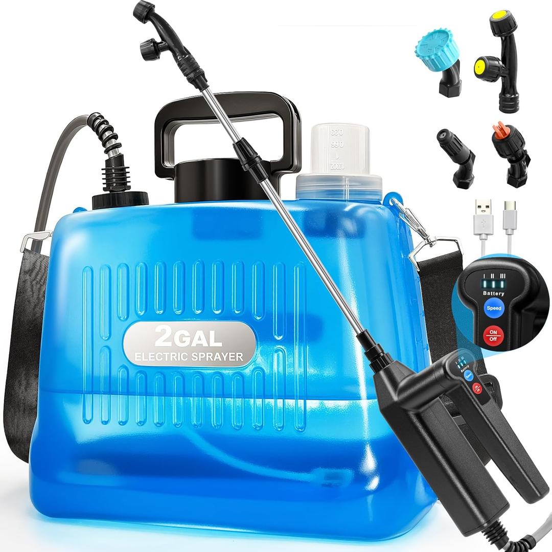 Battery Powered Sprayer 2 Gallon, Electric Weed Sprayer with 3 Adjustable Pressure Levels, 4 Nozzles & Extendable Wand, Rechargeable Garden Sprayer for Yard, Lawn, Plants & Fertilizer (Blue)
