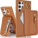 for Samsung Galaxy S22 Ultra Phone case with Card Holder with Compatible magsafe Magnetic, Key Chain PU Leather Flip Kickstand Detachable 2-in-1 Wallet case Women Men-Brown