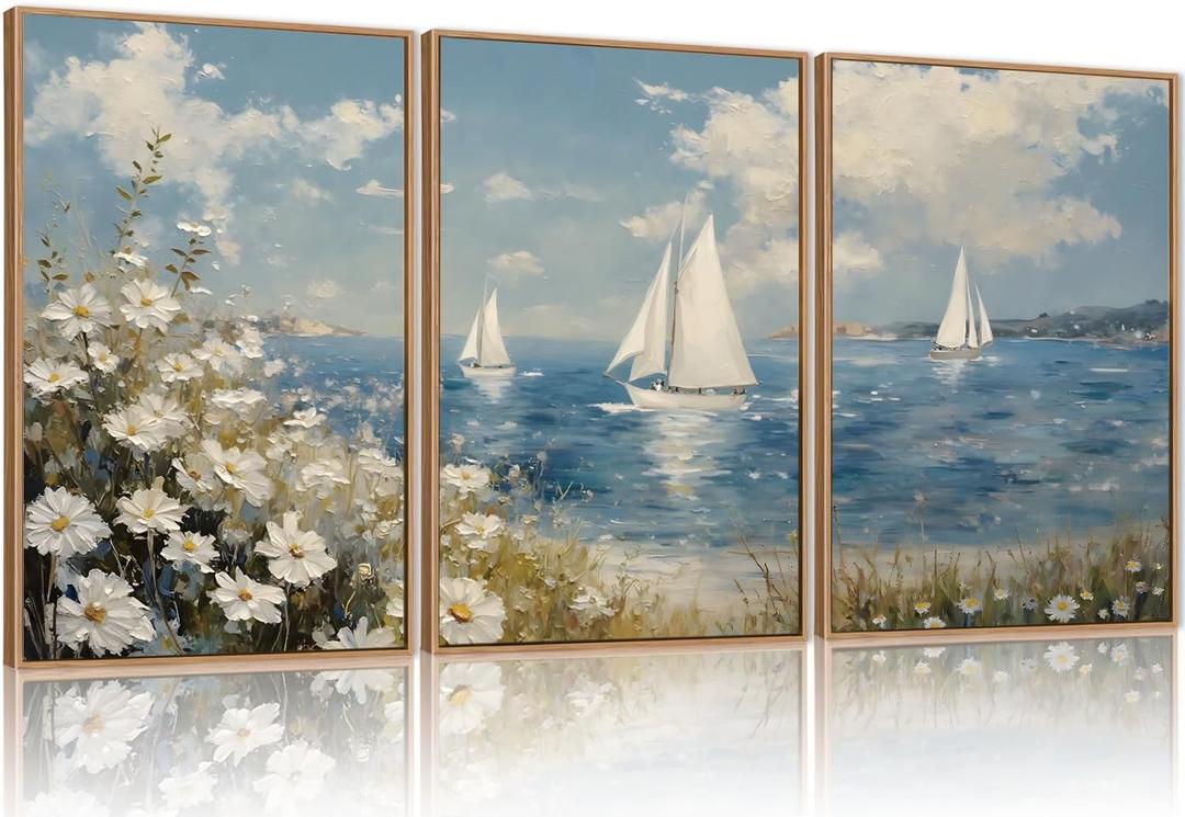 FWIEXA Coastal Wildflower Canvas Wall Art Framed, Ocean Sailboats Pictures Wall Decor, Beach Flower Seascape Painting, Blue Sky 3 Pieces 24x36In Artwork for Living Room, Bedroom, Bathroom, Rustic Farmhouse