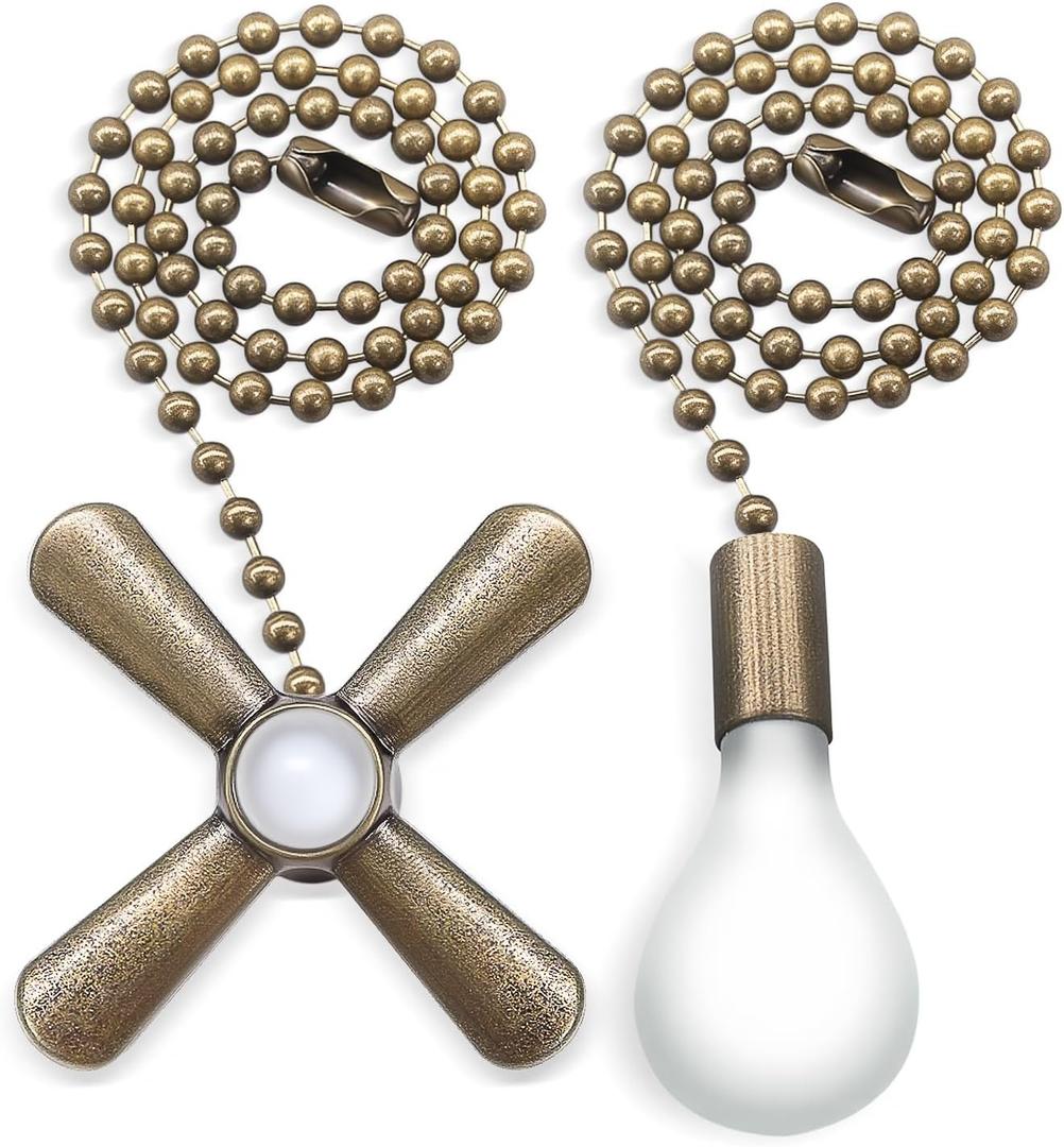 Bronze Ceiling Fan Pull Chains, 2Pack 3mm Diameter Beaded Decorative Light Pull Chain Pendant Extension 14in, Fan and Bulb Shaped Ornaments Cord Extender