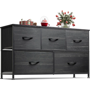 WLIVE Dresser for Bedroom with 5 Drawers, Wide Chest of Drawers, Fabric Dresser, Storage Organizer Unit with Fabric Bins for Closet, Living Room, Hallway, Charcoal Black Wood Grain Print