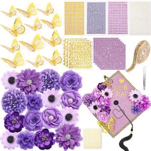 Wavwavw 43 PCS DIY Graduation Cap Decorations Kit, Grad Cap Decorations Included Faux Flowers 3D Butterfly Self Adhesive Rhinestones Stickers Alphabet Letter Stickers for 2026 Grad Party(Purple)