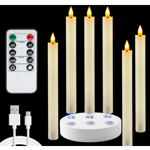 Homemory Rechargeable Flameless Taper Candles, Real Waxy LED Candlesticks Flickering, Battery Operated Candles with Remote Timer, 9.6 Inches for Home Wedding Christmas Decor, 6 Pcs, Ivory