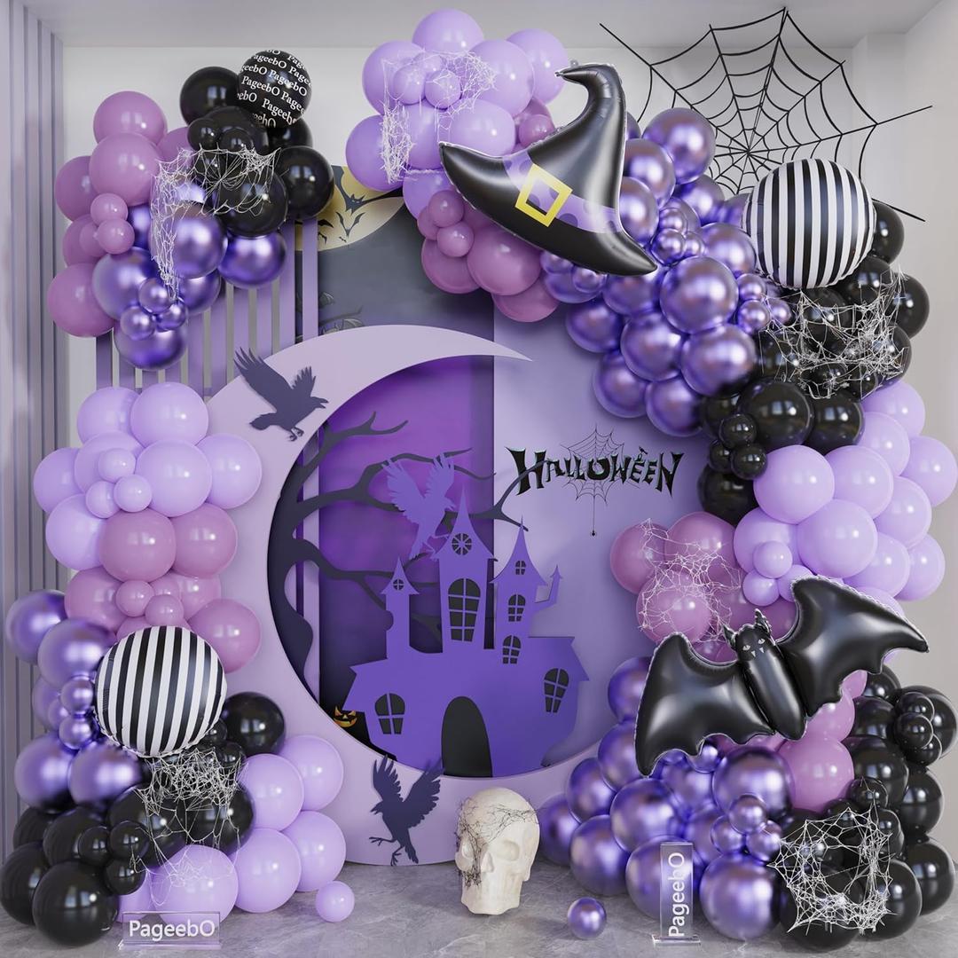 Halloween Balloon Garland Arch Kit, 154pcs Metallic Dusty Macron Purple and Black Balloon with Witch Hat Bat Striped Foil Balloons for Halloween Vampirina Nightmare Prom Horror Themed Party Decoration