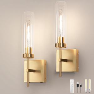 Wireless Sconces,Battery Operated Wall Sconce 15000mAh 3000K Infinitely Dimmable with Remote Control Endurance 200 Hours Fast Charging,Wall Sconce for Bedroom Living Room Hallway (Gold-Battery Charge)