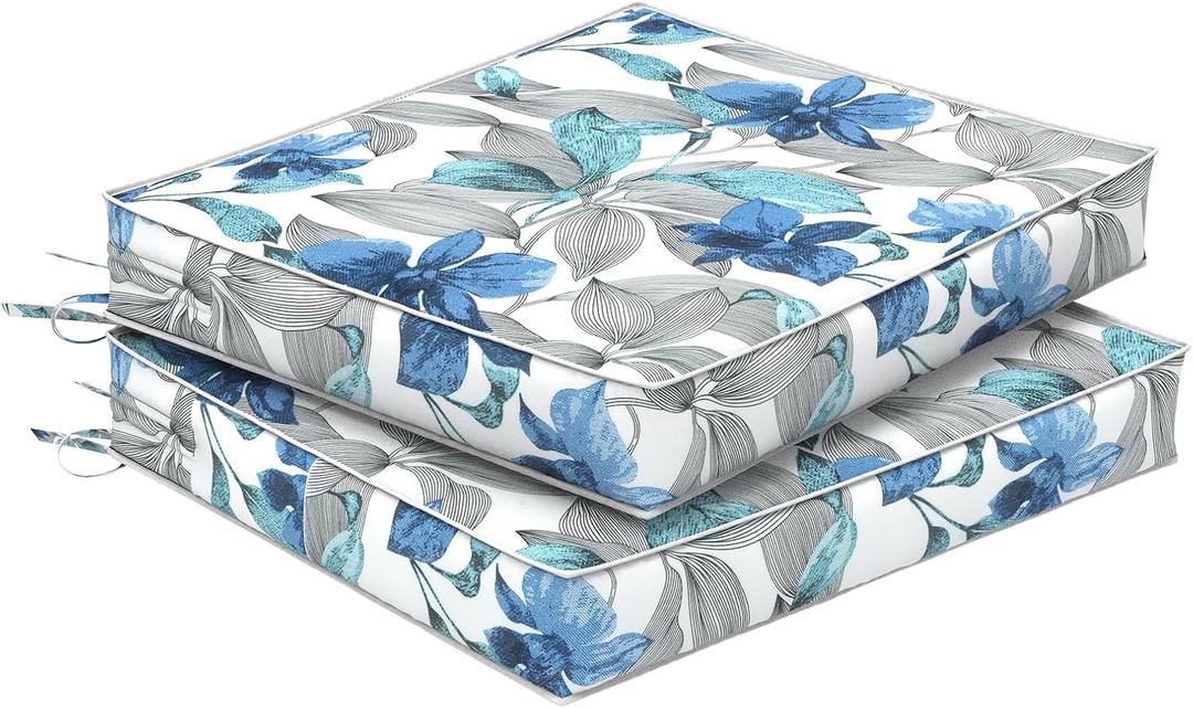 Set of 2 Outdoor Chair Cushions 24 x 24 x 4, Water Repellent Patio Seat Cushion with Removable Cover, All Weather Thick Chair Cushion for WickerSofaOutdoor Furniture,Iris Blue