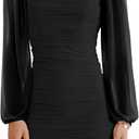 Women's Mesh Long Sleeve Dress Square Neck Ruched Mini Bodycon Dress Stretch Party Cocktail Dresses (Black, S)