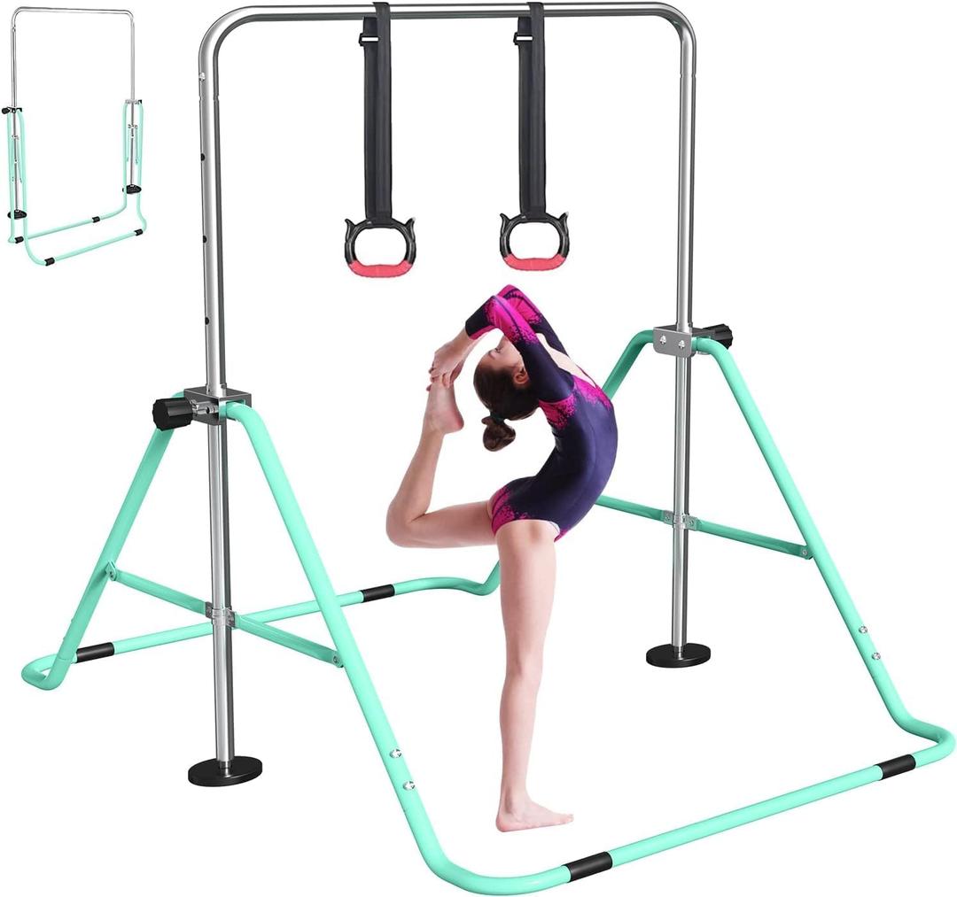 FBSPORT Gymnastics Bar for Kids, Adjustable Height Gymnastic Horizontal Bars,Junior Training Bar Children Folding Training Monkey Bars for Home Using (Green)
