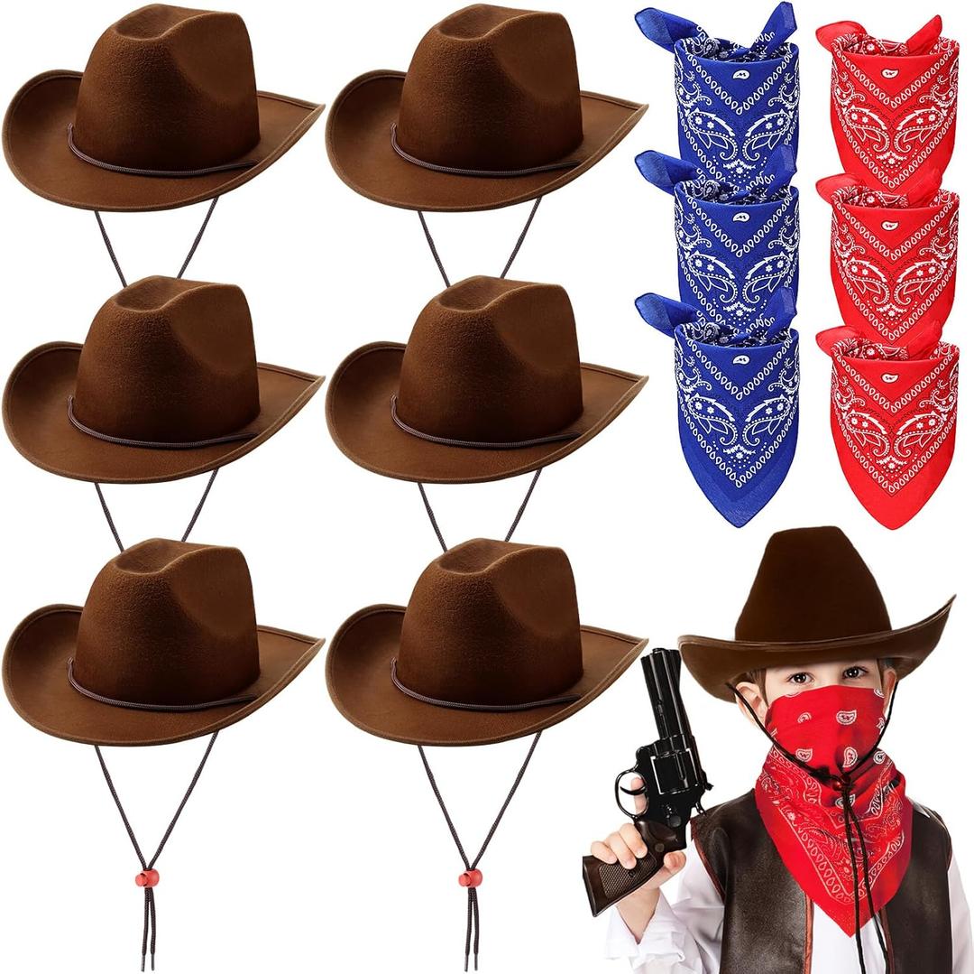 Unittype 12 Pcs Kids Cowboy Hat Set Western Cowgirl Hat and Polyester Bandanas for Boys Girls Cosplay Costume Party Favors(Colorful,Classic)