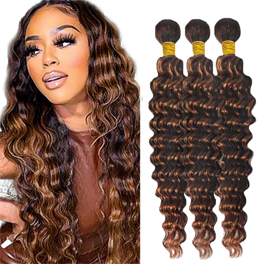 P4/30 Highlight Human Hair Bundles Deep Wave Brown Bundles Human Hair 24 26 28 inch P430 Highlight Bundle Human Hair Double Weft 300G Total for Black Women Soft Hair Extensions