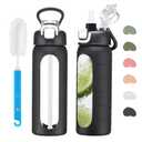 20 oz Glass Water Bottle with Straw Reusable Water Bottle with Non-Slip Silicone Sleeve Wide Mouth Leak-Proof for Coffee, Tea and Water,BPA-free, Dishwasher Safe (Black)